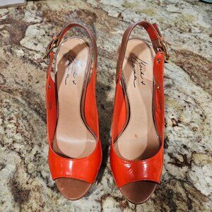 Mark and james badley mischka glossy open toe orange with black wedge sandals